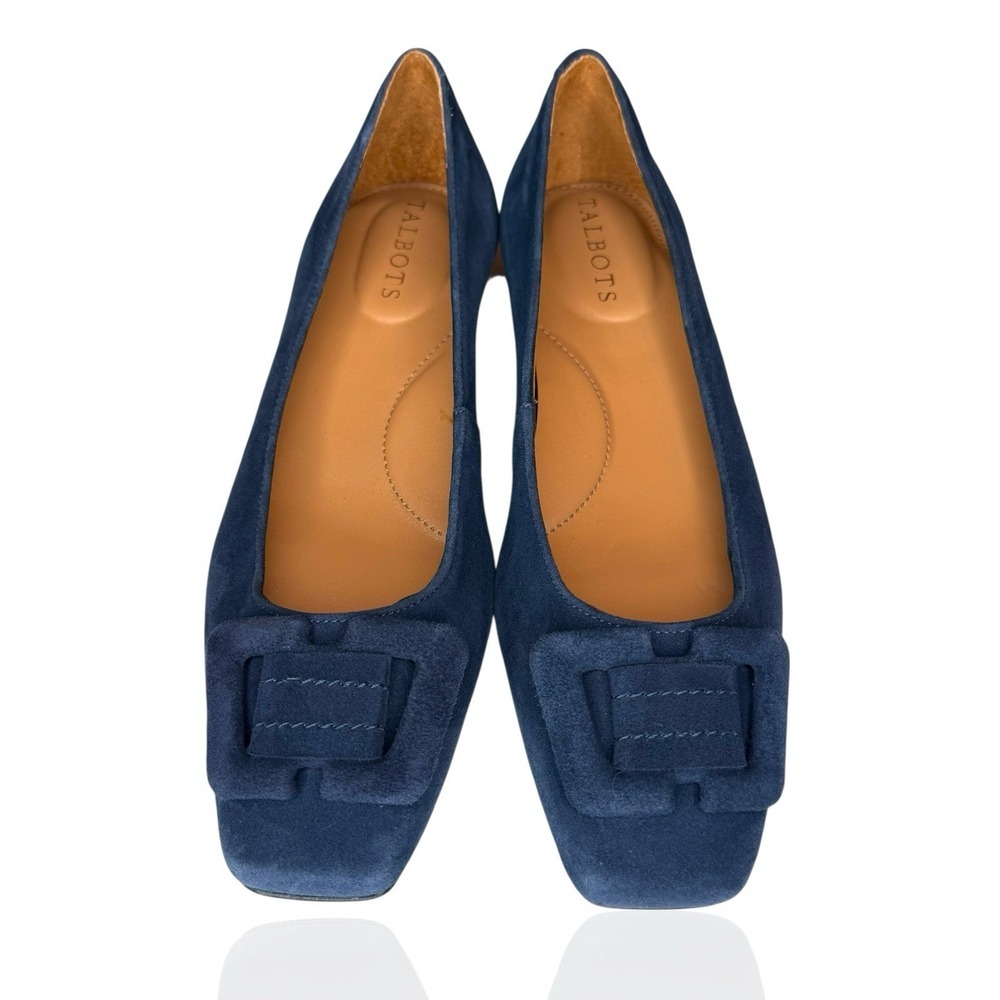 Talbots Navy Blue Suede Square-Toe Flats with Buckle